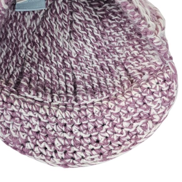 Ladies OS Fall Winter Warm Cozy Cable Knit Wool Riding Cap Purple White Pom Pom - Picture 9 of 16